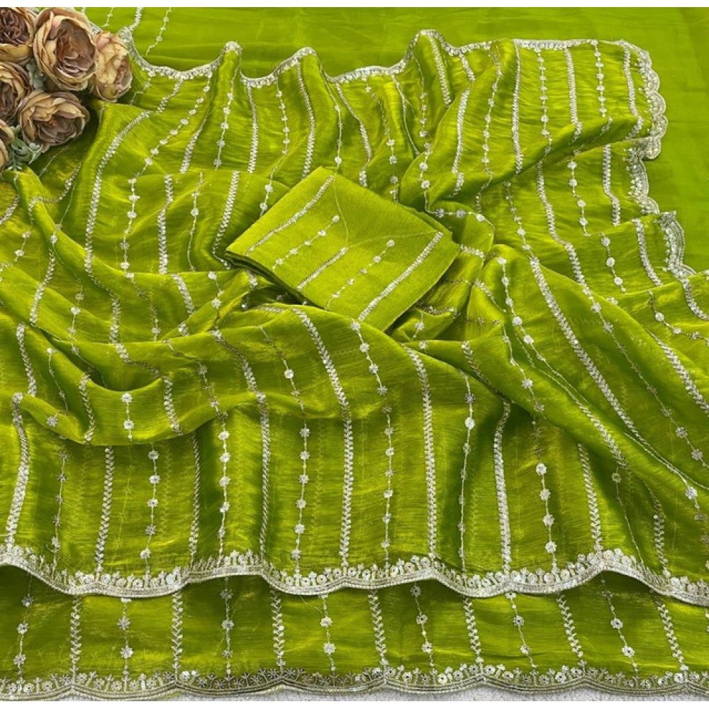 Women's Jimmy Choo Embellished Saree With Unstitched Blouse 5.5Mtr (Olive Green)