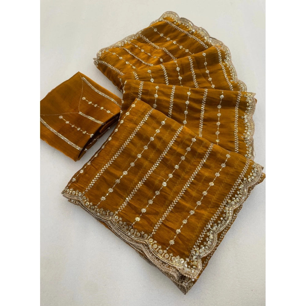Women's Jimmy Choo Embellished Saree With Unstitched Blouse 5.5Mtr?(Mustard)