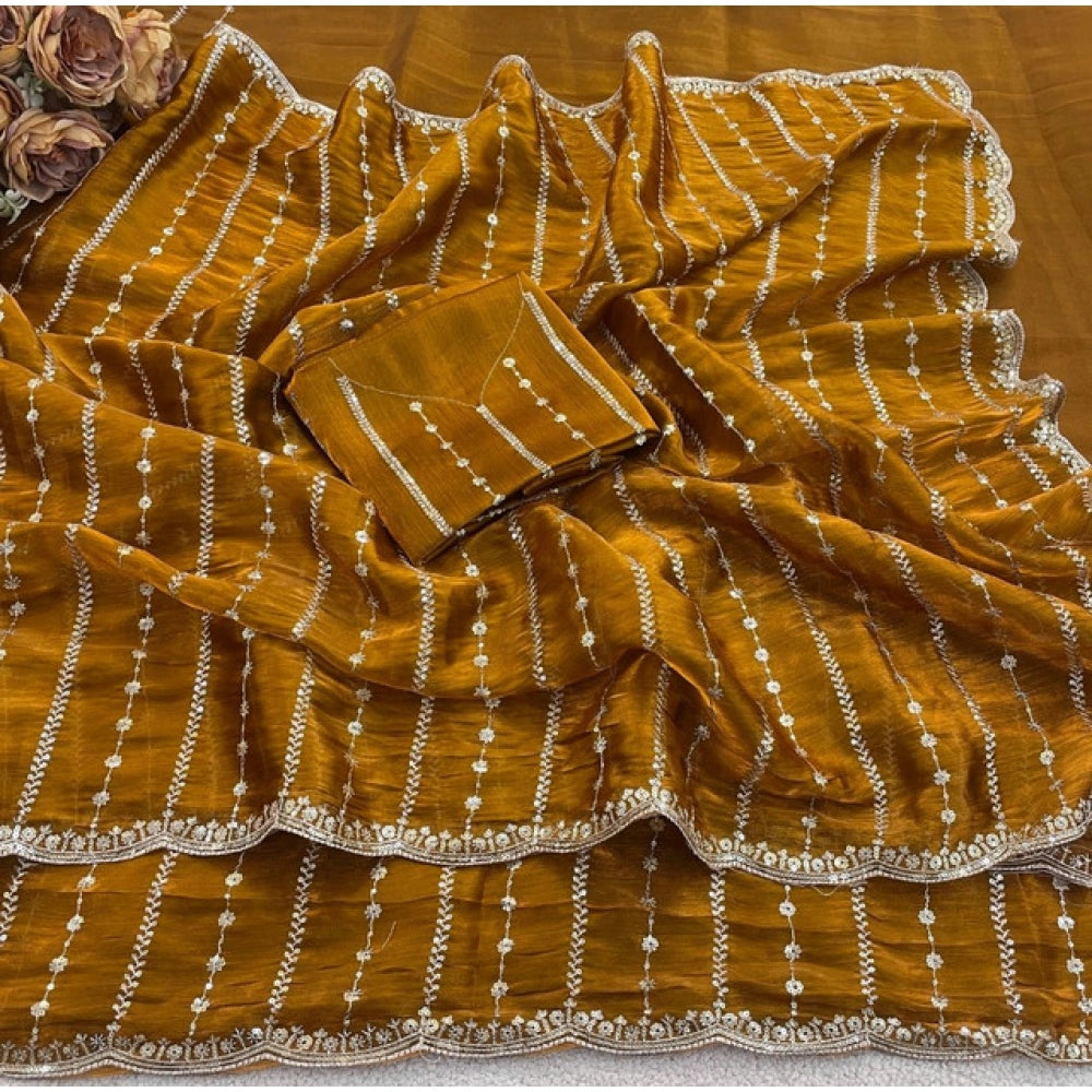 Women's Jimmy Choo Embellished Saree With Unstitched Blouse 5.5Mtr?(Mustard)