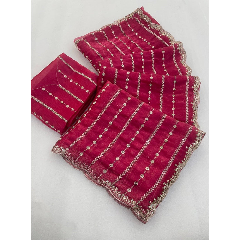 Women's Jimmy Choo Embellished Saree With Unstitched Blouse 5.5Mtr?(Pink)