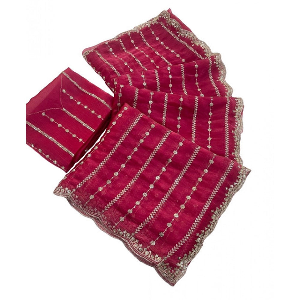 Women's Jimmy Choo Embellished Saree With Unstitched Blouse 5.5Mtr?(Pink)