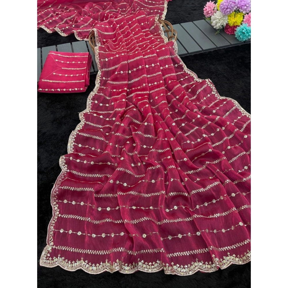 Women's Jimmy Choo Embellished Saree With Unstitched Blouse 5.5Mtr?(Pink)