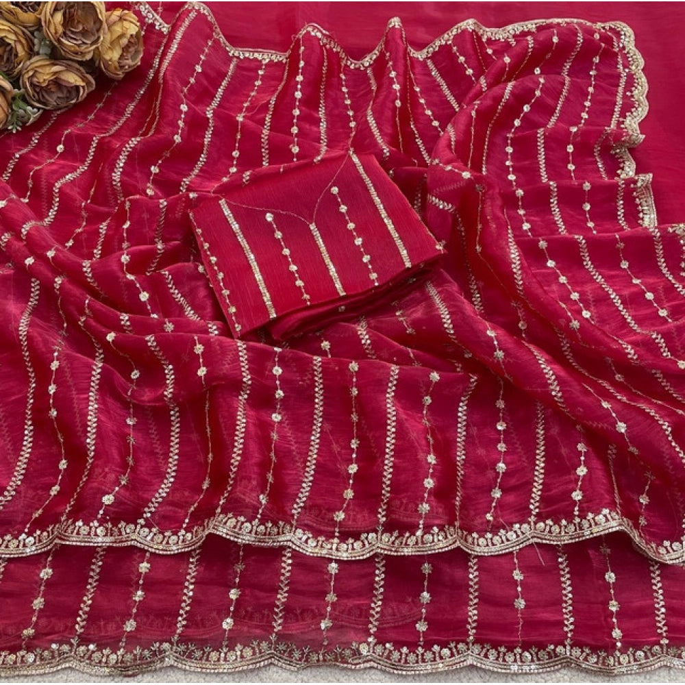 Women's Jimmy Choo Embellished Saree With Unstitched Blouse 5.5Mtr?(Pink)