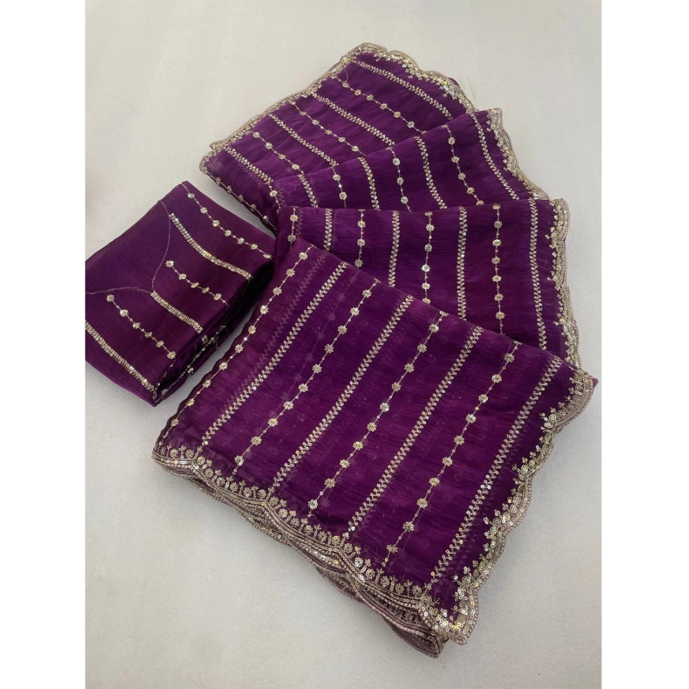 Women's Jimmy Choo Embellished Saree With Unstitched Blouse 5.5Mtr?(Purple)