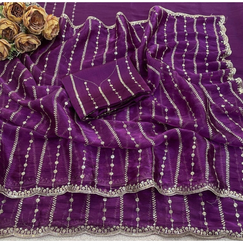 Women's Jimmy Choo Embellished Saree With Unstitched Blouse 5.5Mtr?(Purple)