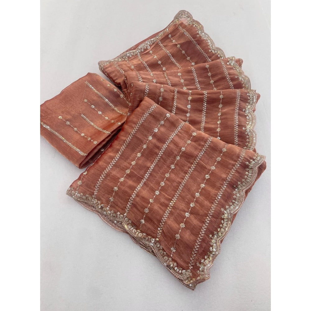Women's Jimmy Choo Embellished Saree With Unstitched Blouse 5.5Mtr?(Brown)