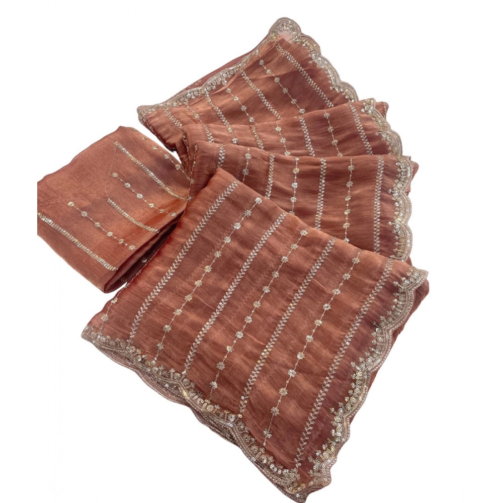 Women's Jimmy Choo Embellished Saree With Unstitched Blouse 5.5Mtr?(Brown)