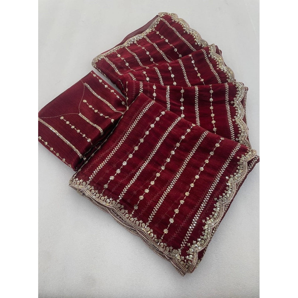 Women's Jimmy Choo Embellished Saree With Unstitched Blouse 5.5Mtr?(Maroon)