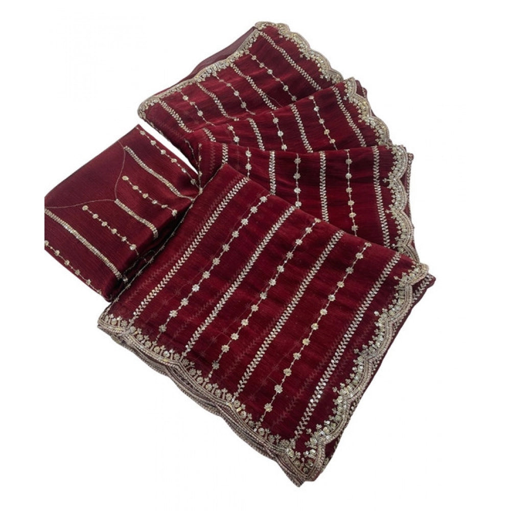 Women's Jimmy Choo Embellished Saree With Unstitched Blouse 5.5Mtr?(Maroon)