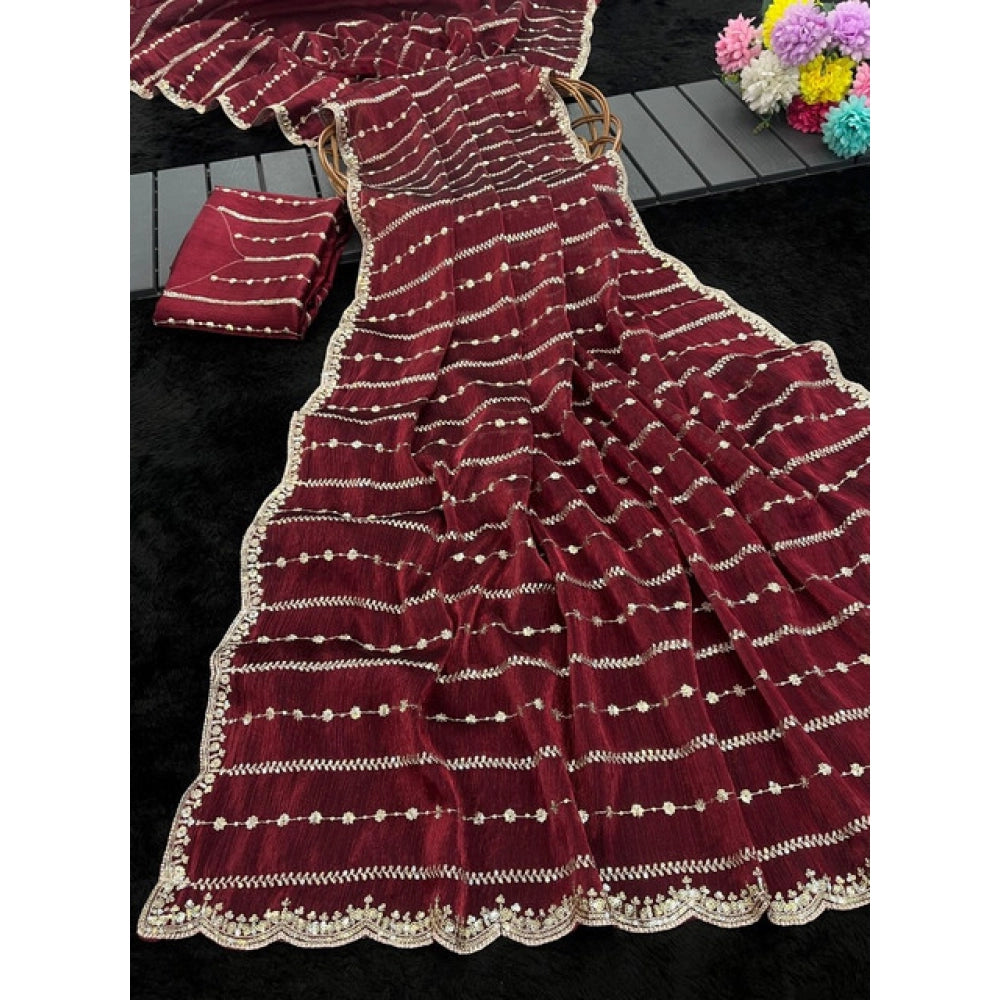 Women's Jimmy Choo Embellished Saree With Unstitched Blouse 5.5Mtr?(Maroon)