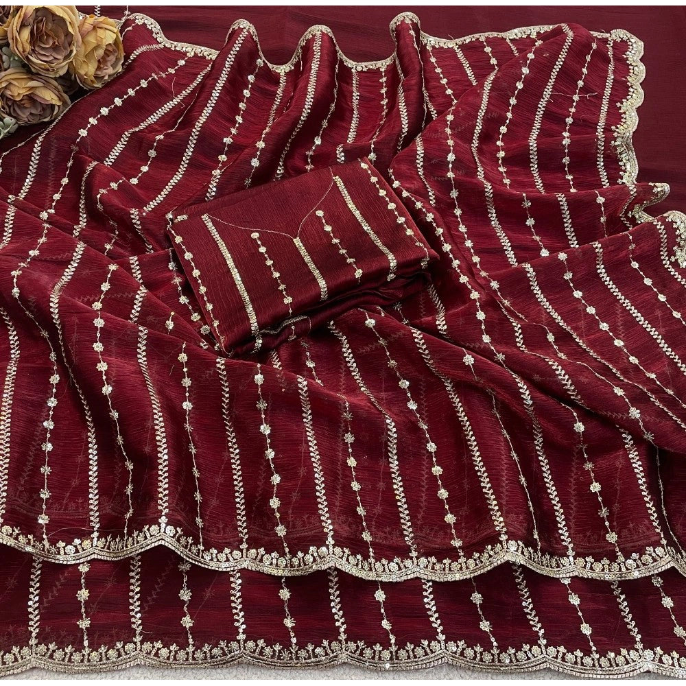 Women's Jimmy Choo Embellished Saree With Unstitched Blouse 5.5Mtr?(Maroon)
