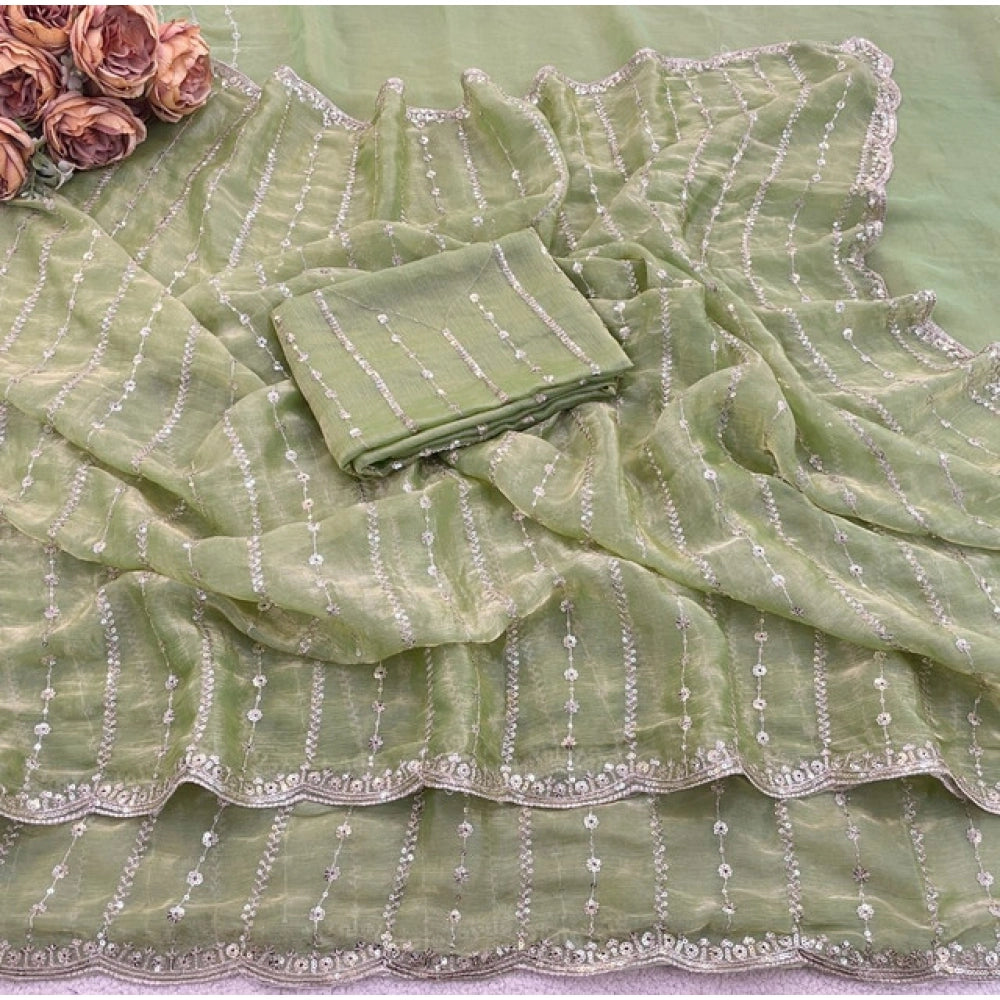 Women's Jimmy Choo Embellished Saree With Unstitched Blouse 5.5Mtr?(Green)