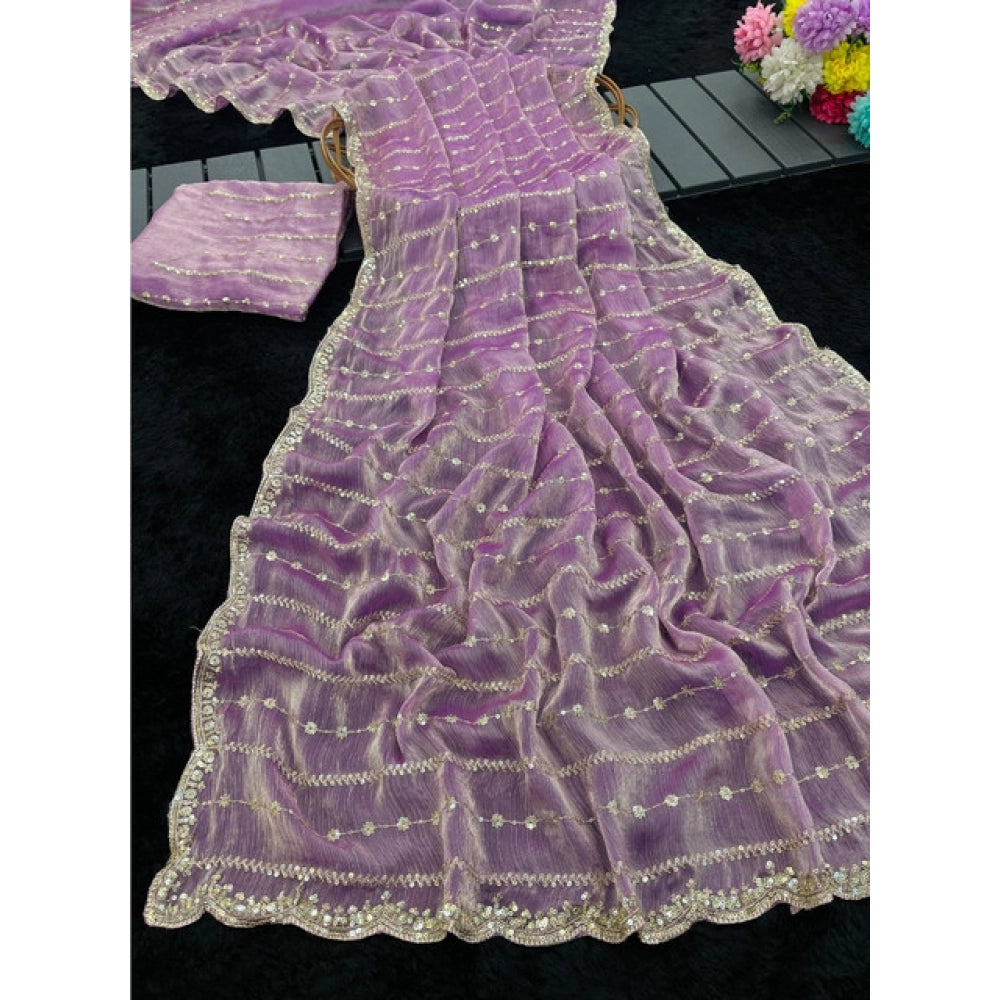 Women's Jimmy Choo Embellished Saree With Unstitched Blouse 5.5Mtr?(Lavender)