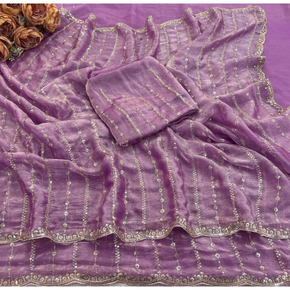 Women's Jimmy Choo Embellished Saree With Unstitched Blouse 5.5Mtr?(Lavender)