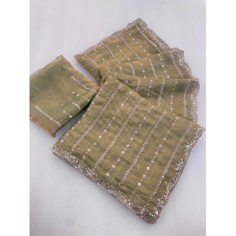 Women's Jimmy Choo Embellished Saree With Unstitched Blouse 5.5Mtr?(Light Green)