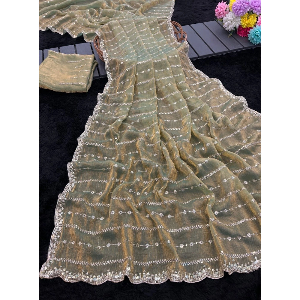 Women's Jimmy Choo Embellished Saree With Unstitched Blouse 5.5Mtr?(Light Green)