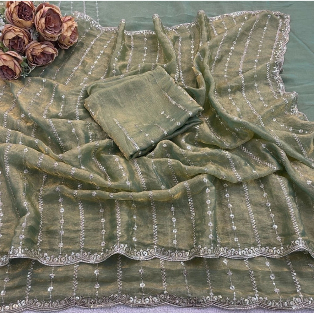 Women's Jimmy Choo Embellished Saree With Unstitched Blouse 5.5Mtr?(Light Green)