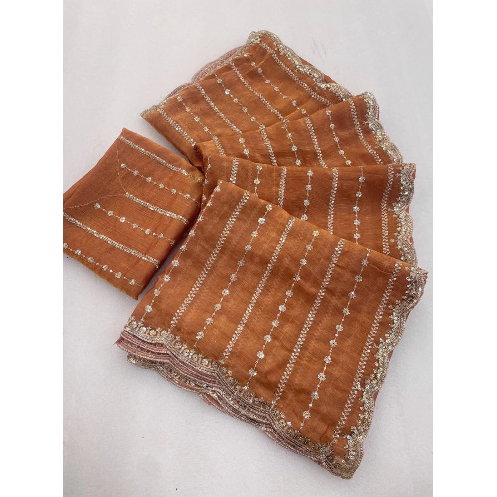Women's Jimmy Choo Embellished Saree With Unstitched Blouse 5.5Mtr?(Orange)