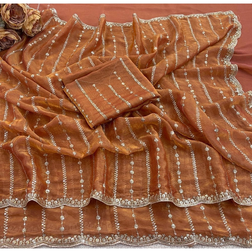 Women's Jimmy Choo Embellished Saree With Unstitched Blouse 5.5Mtr?(Orange)