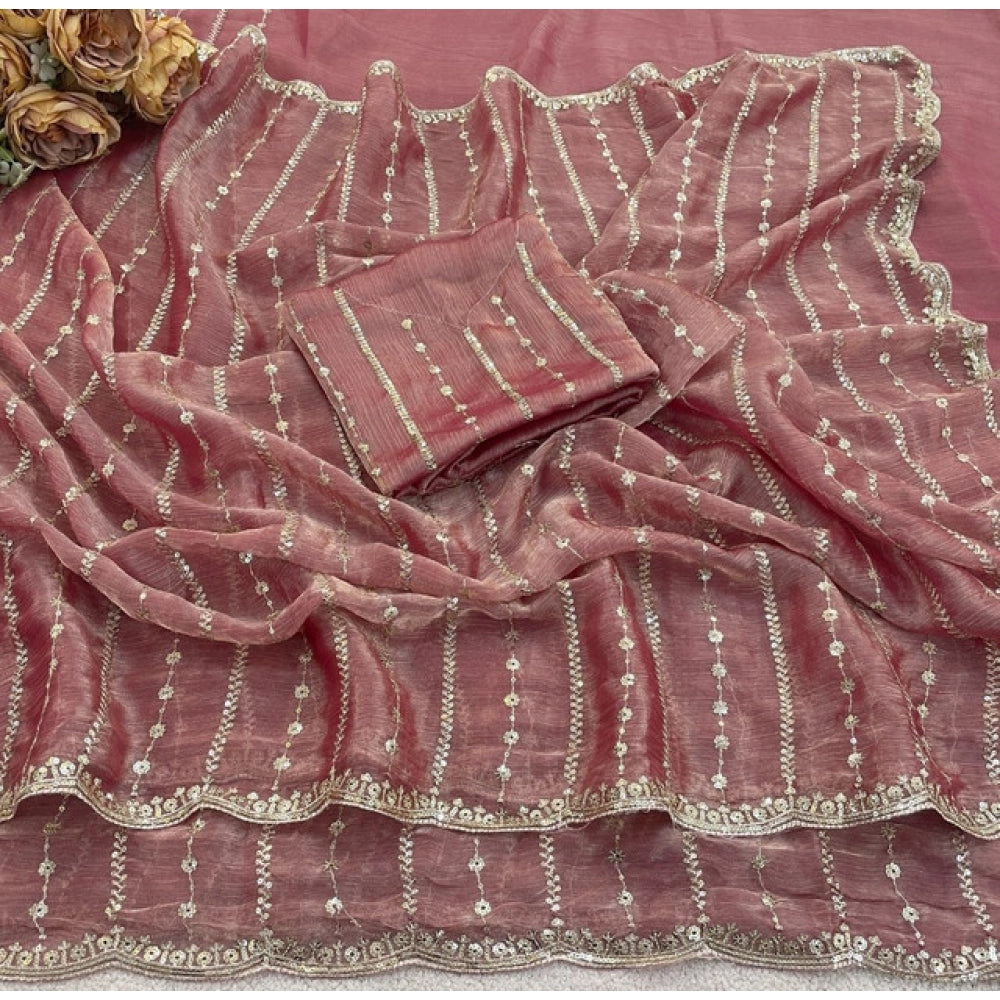 Women's Jimmy Choo Embellished Saree With Unstitched Blouse 5.5Mtr?(Pink)