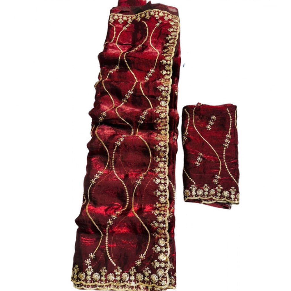 Women's Jimmy Choo Embellished Saree With Unstitched Blouse 5.5Mtr?(Maroon)