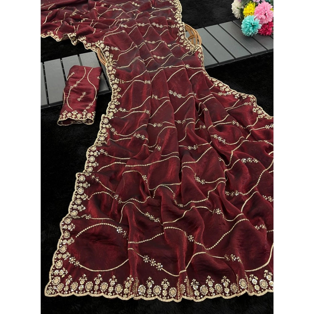 Women's Jimmy Choo Embellished Saree With Unstitched Blouse 5.5Mtr?(Maroon)