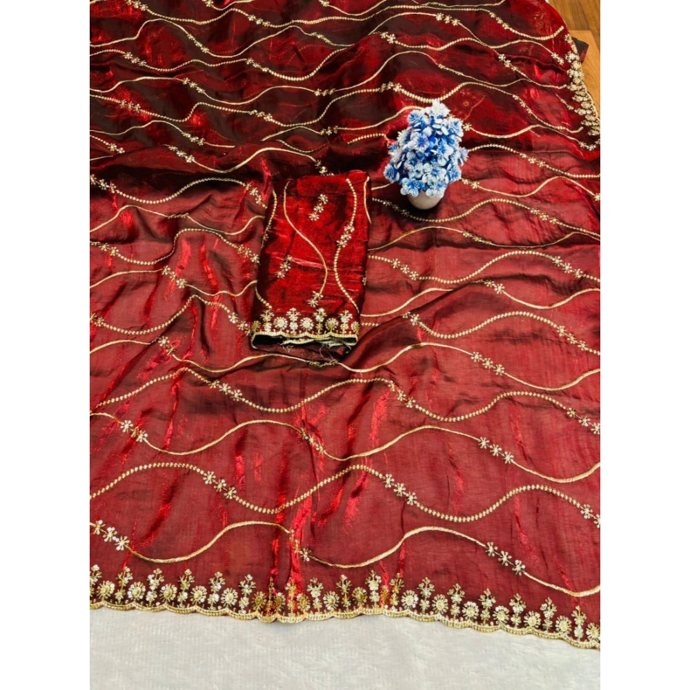Women's Jimmy Choo Embellished Saree With Unstitched Blouse 5.5Mtr?(Maroon)