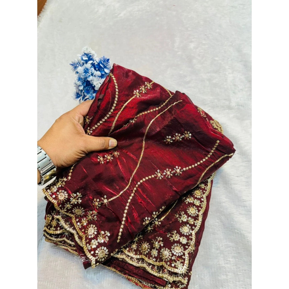Women's Jimmy Choo Embellished Saree With Unstitched Blouse 5.5Mtr?(Maroon)