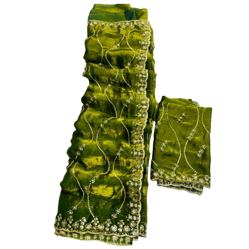 Women's Jimmy Choo Embellished Saree With Unstitched Blouse 5.5Mtr?(Mehendi-Green)
