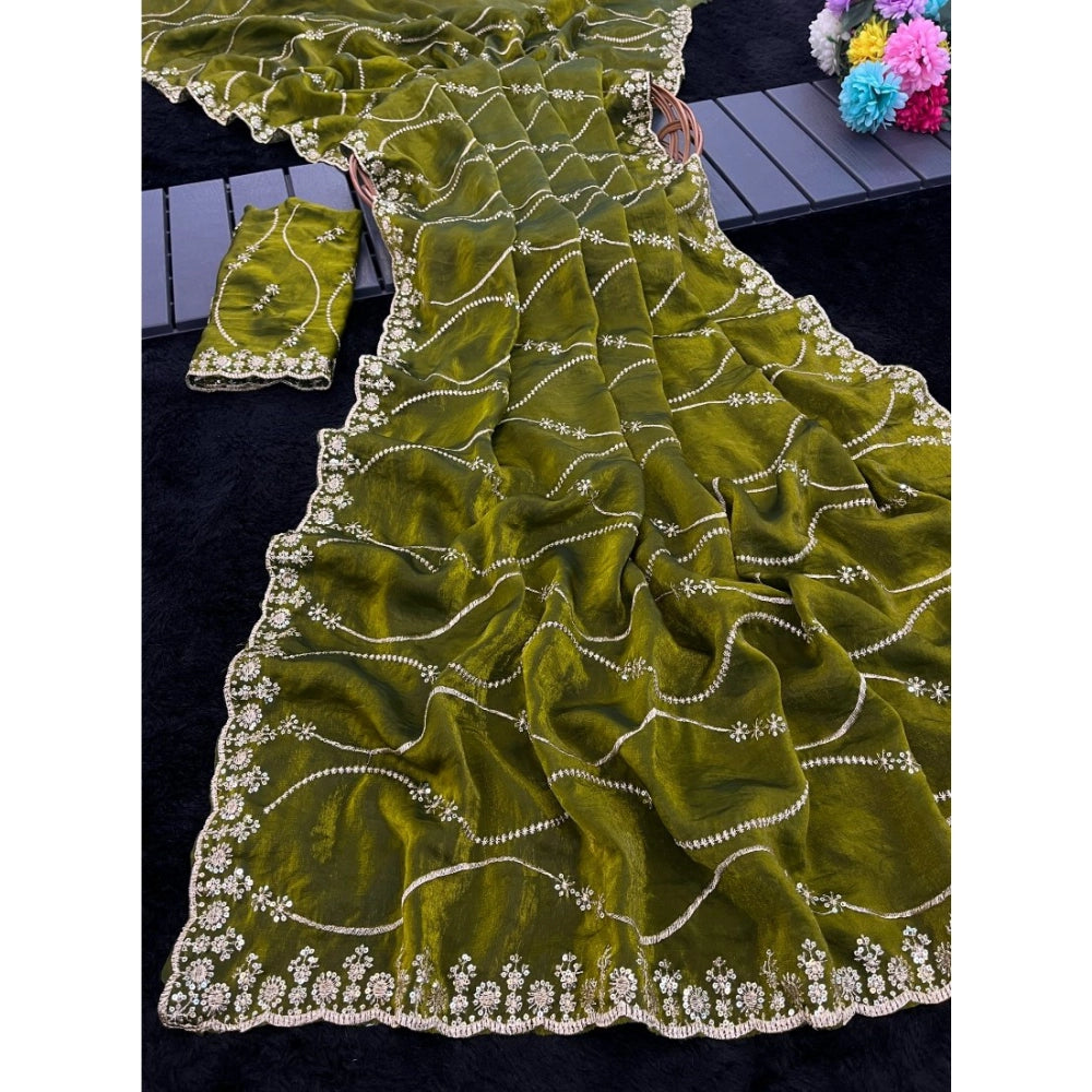 Women's Jimmy Choo Embellished Saree With Unstitched Blouse 5.5Mtr?(Mehendi-Green)
