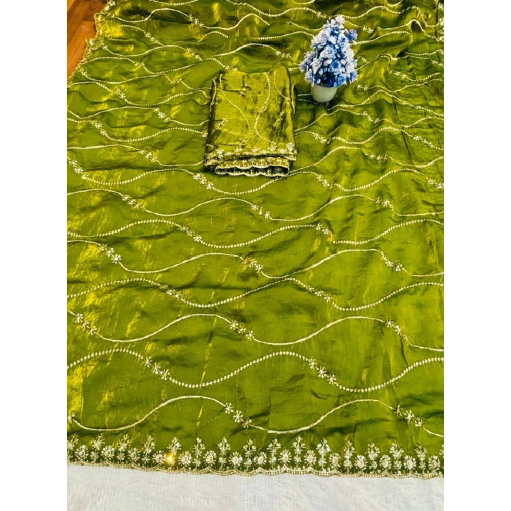 Women's Jimmy Choo Embellished Saree With Unstitched Blouse 5.5Mtr?(Mehendi-Green)