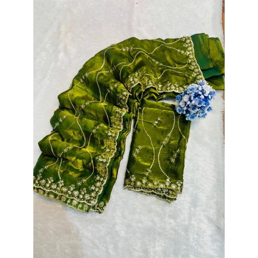Women's Jimmy Choo Embellished Saree With Unstitched Blouse 5.5Mtr?(Mehendi-Green)