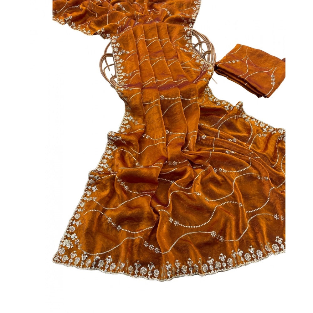 Women's Jimmy Choo Embellished Saree With Unstitched Blouse 5.5Mtr?(Orange)