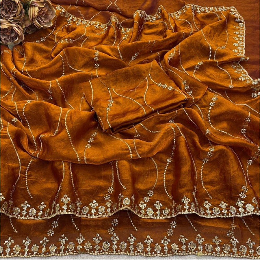 Women's Jimmy Choo Embellished Saree With Unstitched Blouse 5.5Mtr?(Orange)