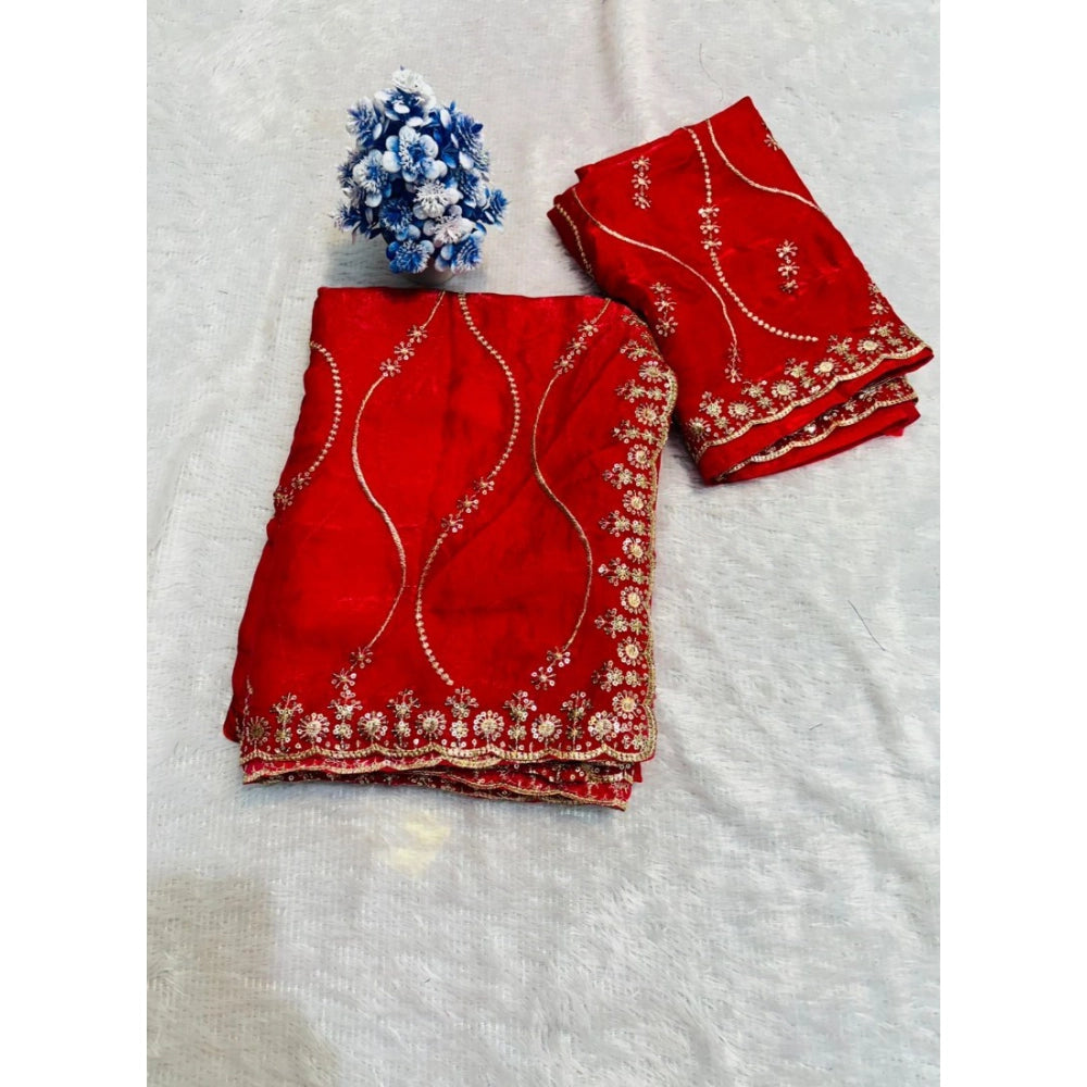 Women's Jimmy Choo Embellished Saree With Unstitched Blouse 5.5Mtr?(Red)