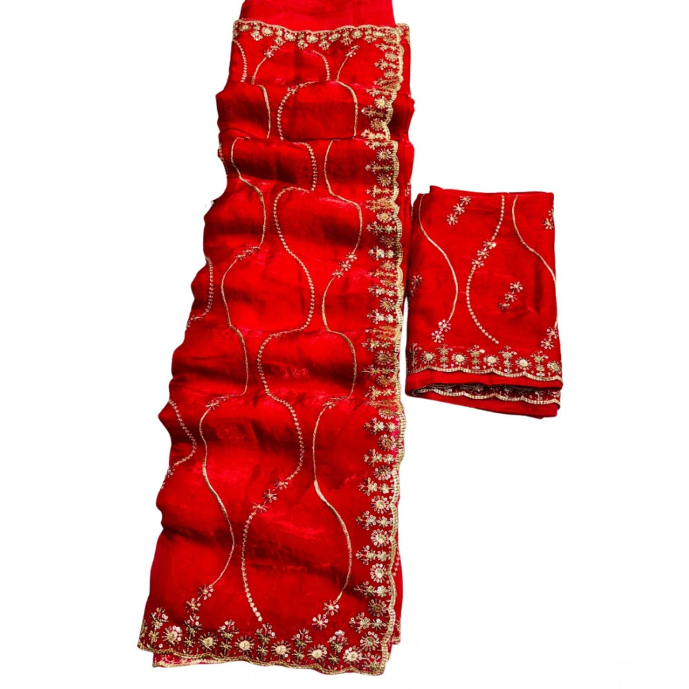 Women's Jimmy Choo Embellished Saree With Unstitched Blouse 5.5Mtr?(Red)