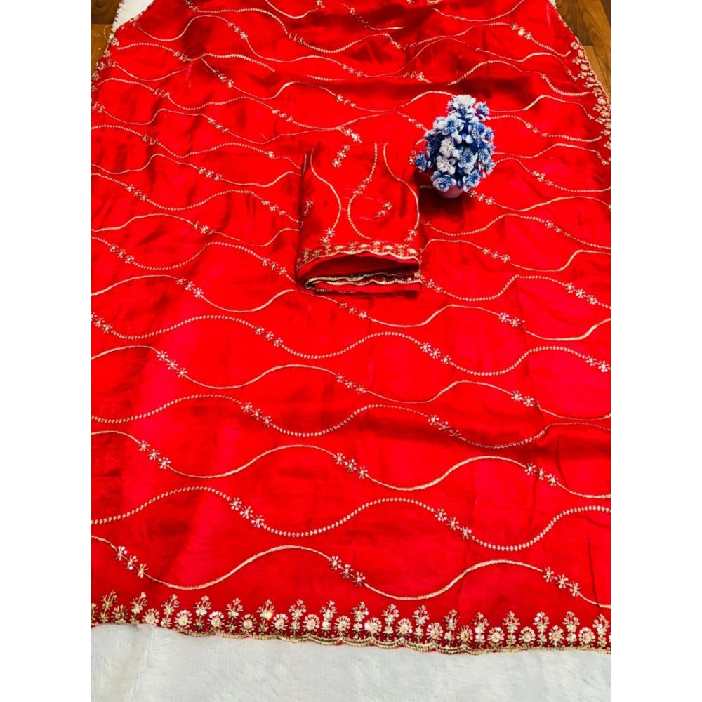 Women's Jimmy Choo Embellished Saree With Unstitched Blouse 5.5Mtr?(Red)