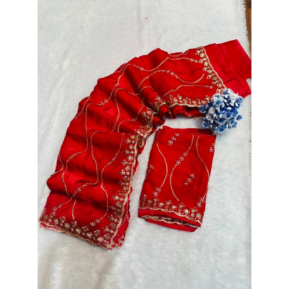 Women's Jimmy Choo Embellished Saree With Unstitched Blouse 5.5Mtr?(Red)
