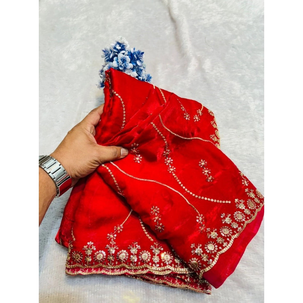 Women's Jimmy Choo Embellished Saree With Unstitched Blouse 5.5Mtr?(Red)