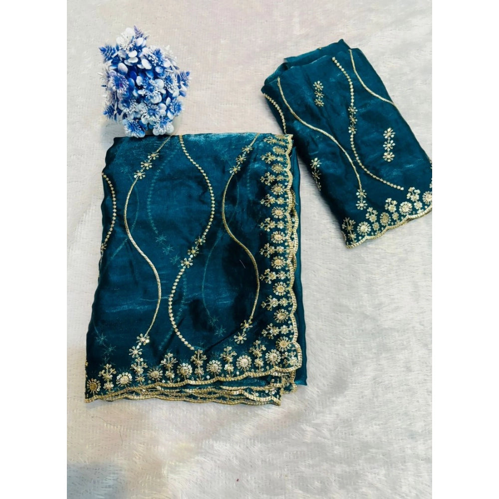Women's Jimmy Choo Embellished Saree With Unstitched Blouse 5.5Mtr?(Teal)
