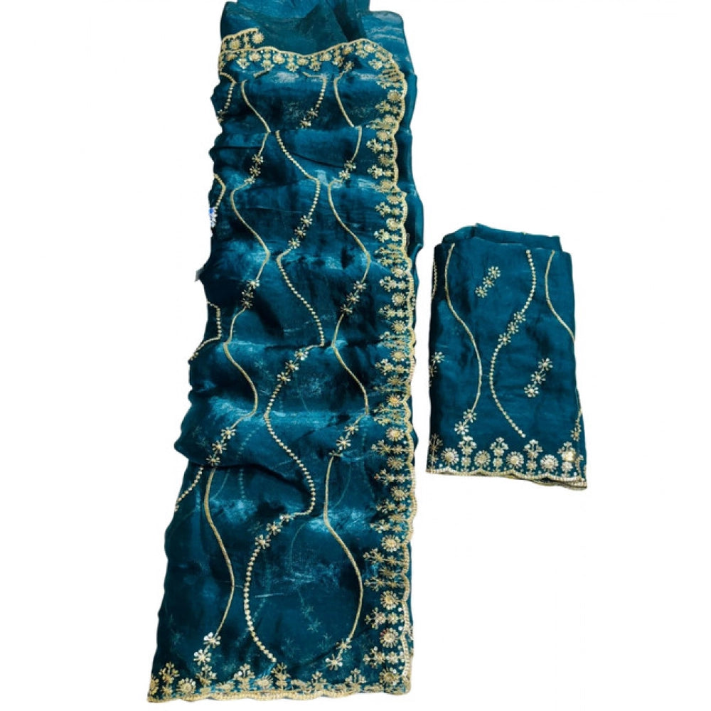 Women's Jimmy Choo Embellished Saree With Unstitched Blouse 5.5Mtr?(Teal)