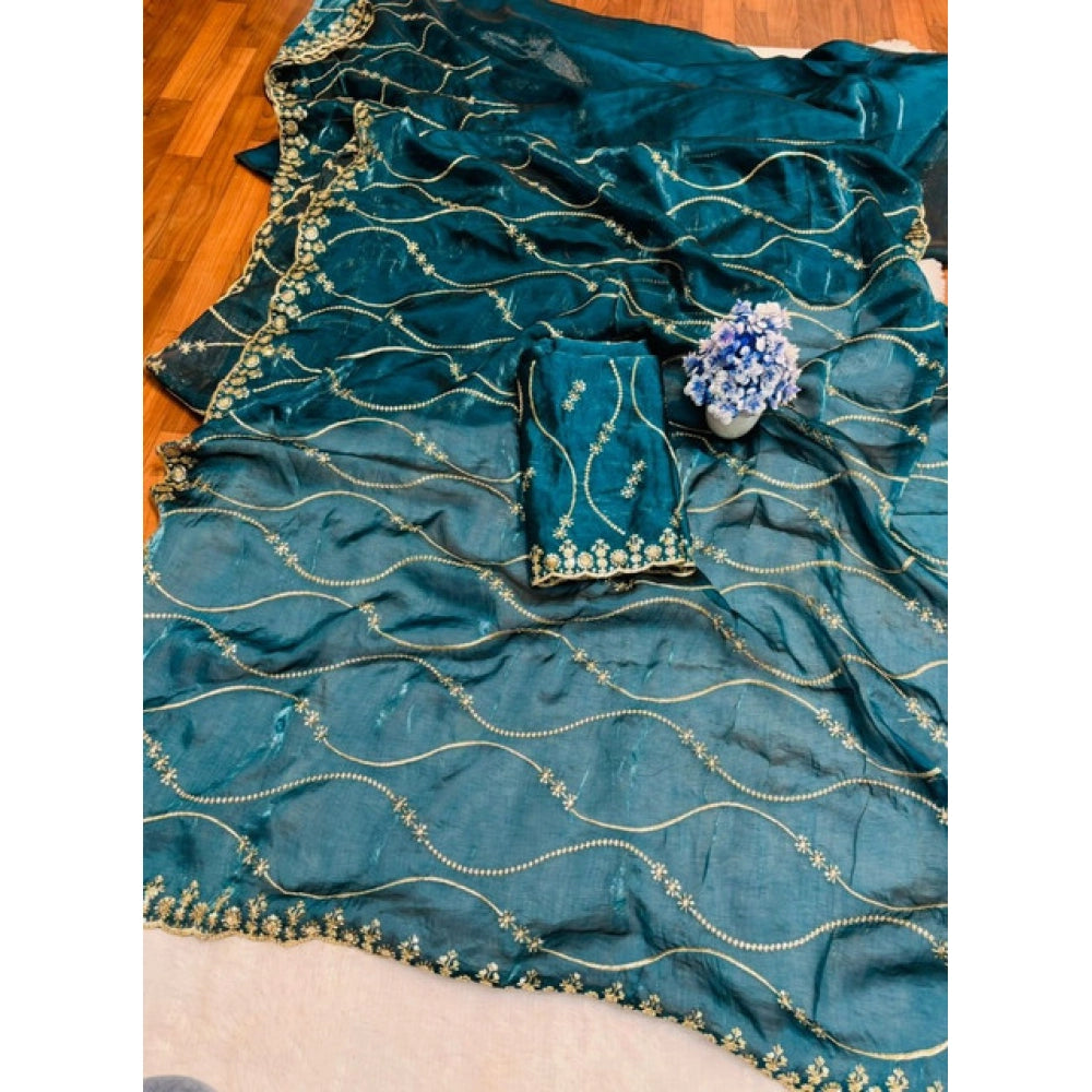 Women's Jimmy Choo Embellished Saree With Unstitched Blouse 5.5Mtr?(Teal)