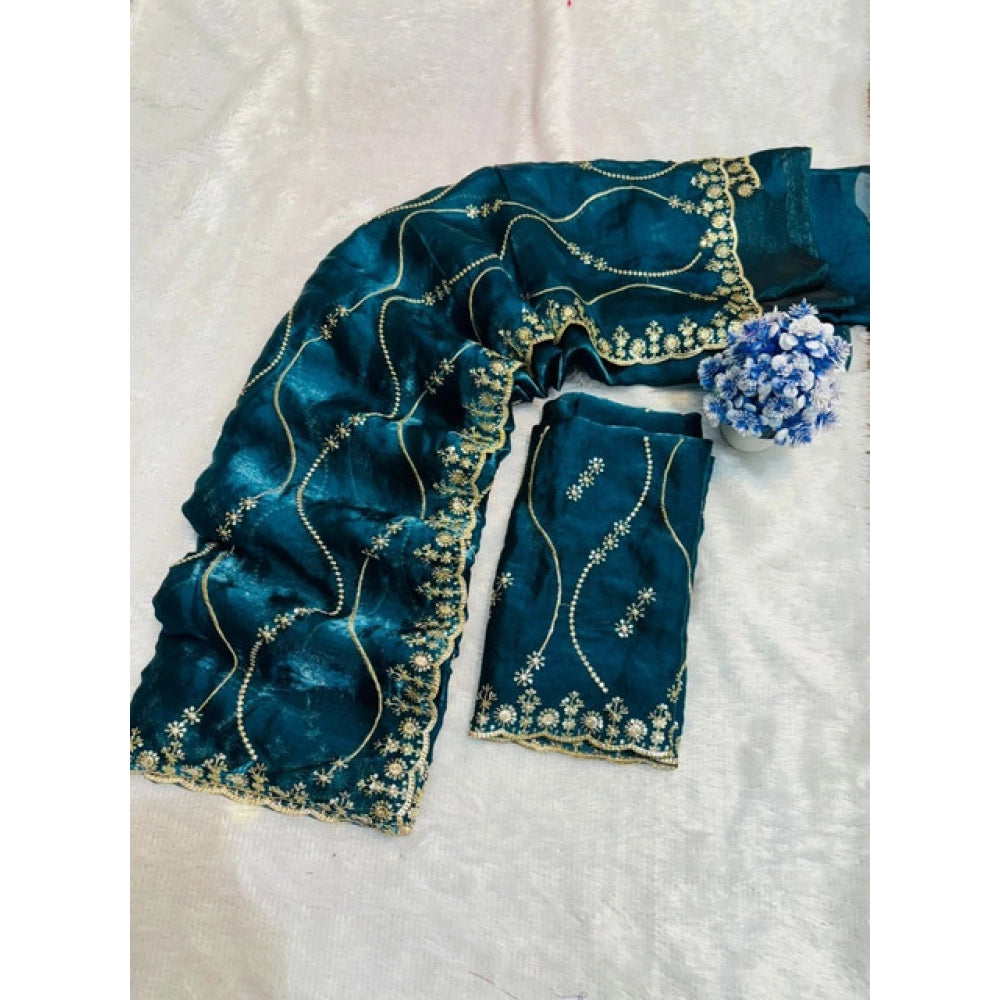 Women's Jimmy Choo Embellished Saree With Unstitched Blouse 5.5Mtr?(Teal)