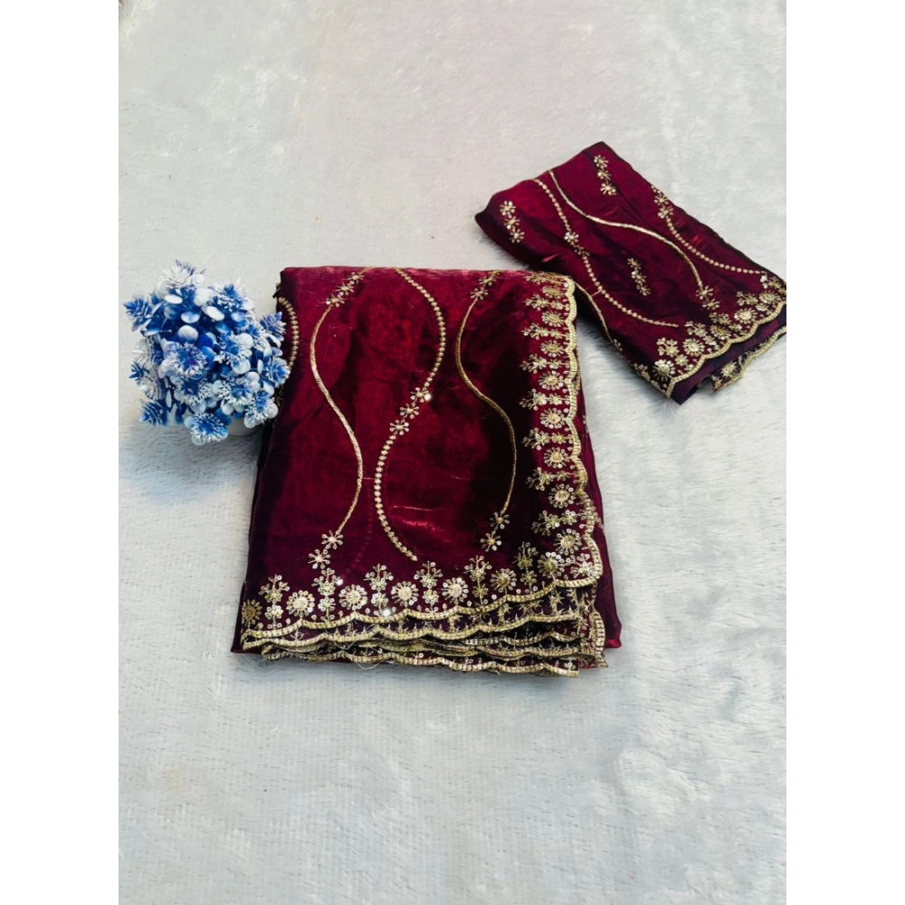 Women's Jimmy Choo Embellished Saree With Unstitched Blouse 5.5Mtr?(Wine)