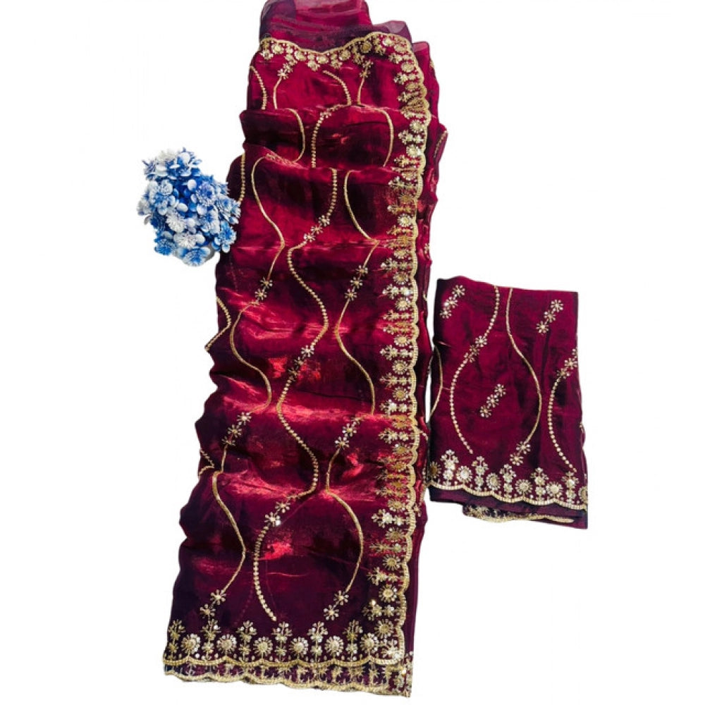Women's Jimmy Choo Embellished Saree With Unstitched Blouse 5.5Mtr?(Wine)