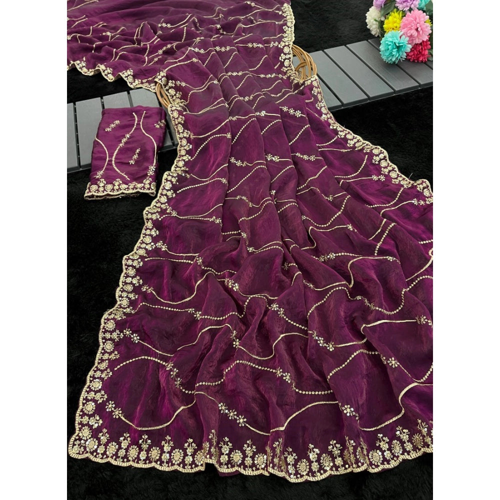 Women's Jimmy Choo Embellished Saree With Unstitched Blouse 5.5Mtr?(Wine)
