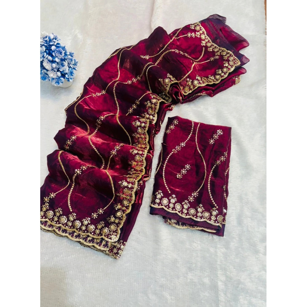 Women's Jimmy Choo Embellished Saree With Unstitched Blouse 5.5Mtr?(Wine)