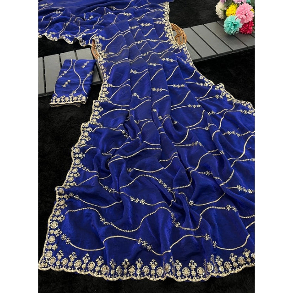 Women's Jimmy Choo Embellished Saree With Unstitched Blouse 5.5Mtr?(Royal Blue)