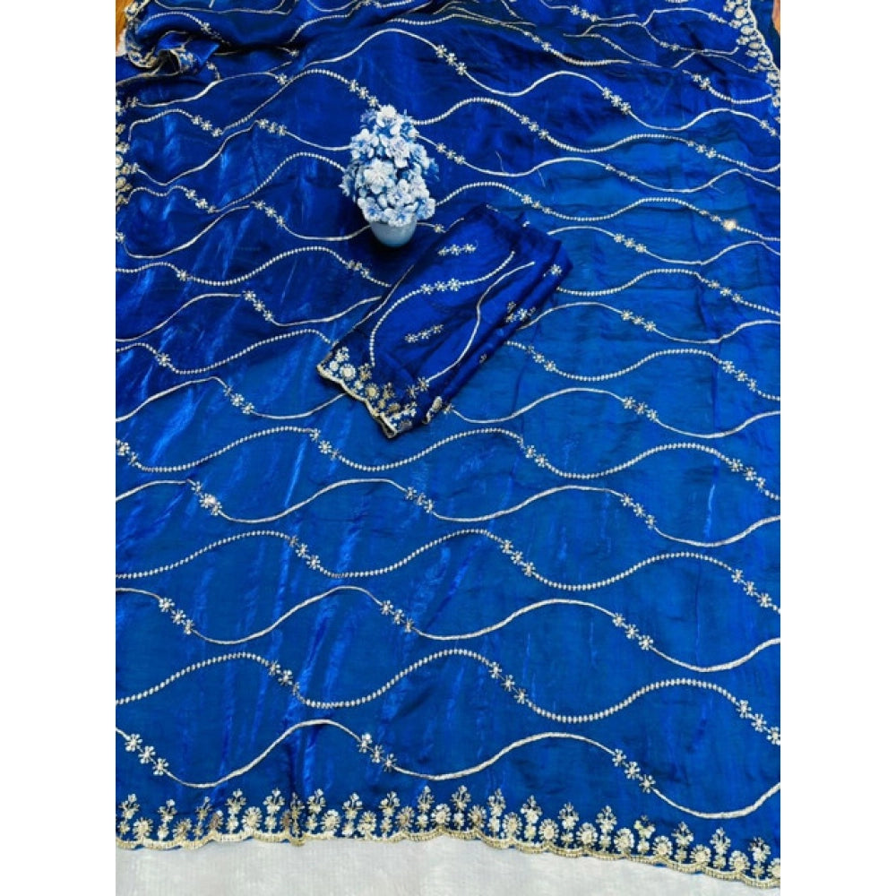 Women's Jimmy Choo Embellished Saree With Unstitched Blouse 5.5Mtr?(Royal Blue)