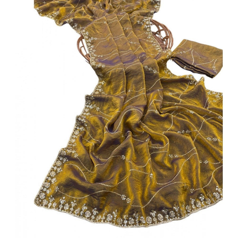 Women's Jimmy Choo Embellished Saree With Unstitched Blouse 5.5Mtr?(Mustard-Yellow)